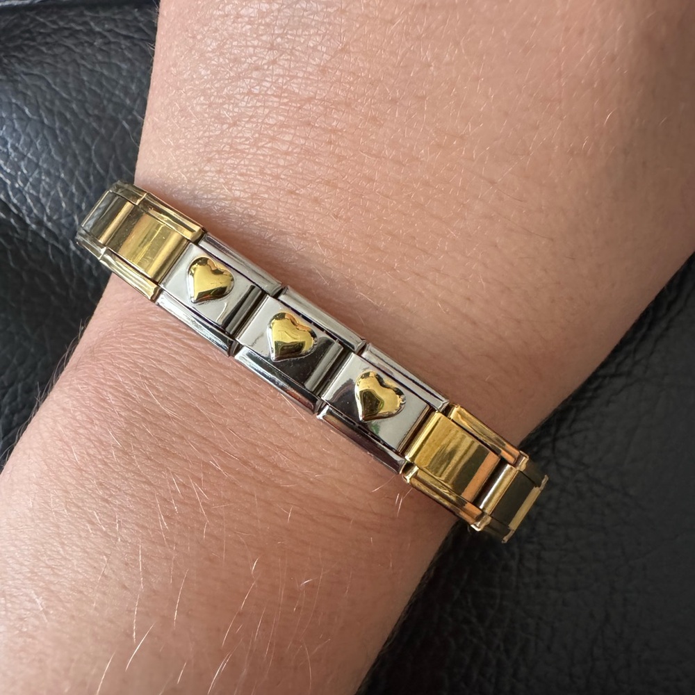 Elegant Two-Tone Italian Charm Bracelet with Gold Heart Accents